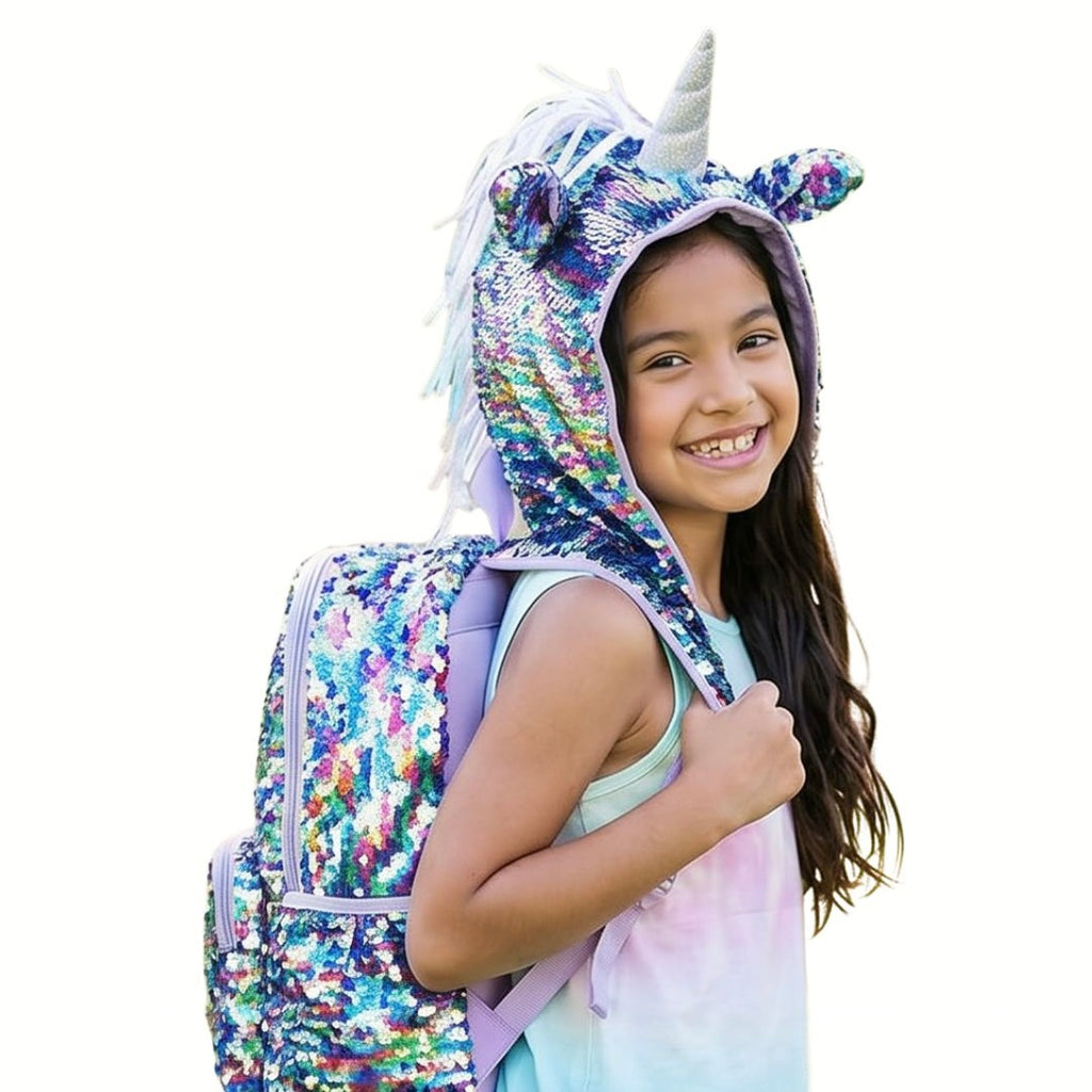 Mochila Unicornio con Lentejuelas Reversibles y Capucha Marca Justice