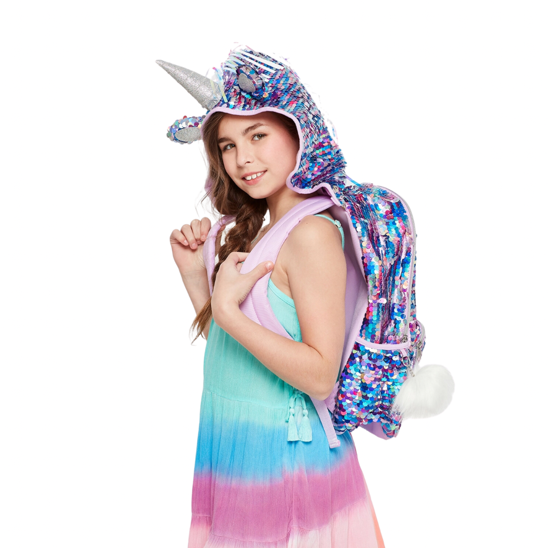 Mochila Unicornio con Lentejuelas Reversibles y Capucha Marca Justice HBK Happy Store